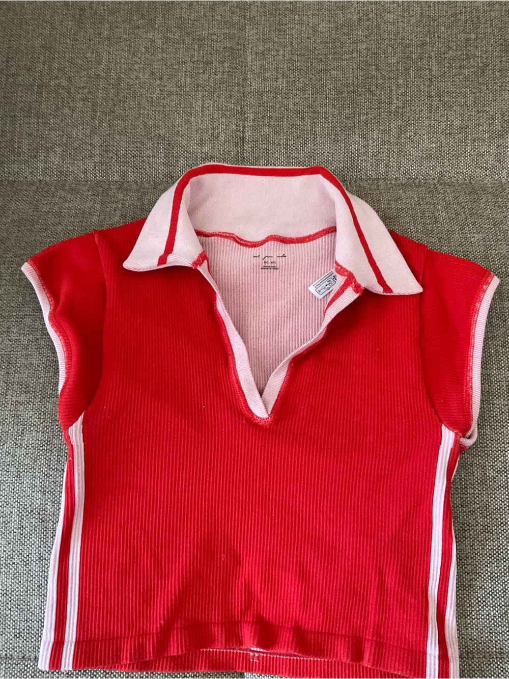 Our Place Red Ribbed Sleeveless Polo Tank with Light Pink Trim